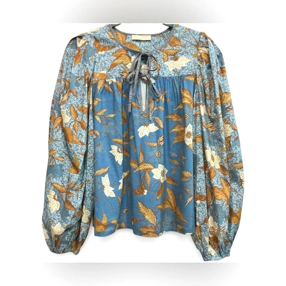 Ulla Johnson Joanie Top Lapis Blue Bird Floral Print Puff Sleeve Flowy Blouse S‎